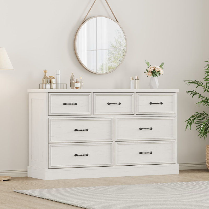 7 Drawer Wooden Dresser, 55" Wide Chest with Large Storage for Bedroom or Living Room, White