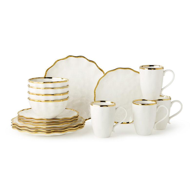 Regency Gold 16-Piece Porcelain Dinnerware Set for 4 – Luxury Gold-Rimmed Plates, Bowls & Mugs – Elegant, Dishwasher-Safe Tableware for Formal Dining, Entertaining & Special Occasions
