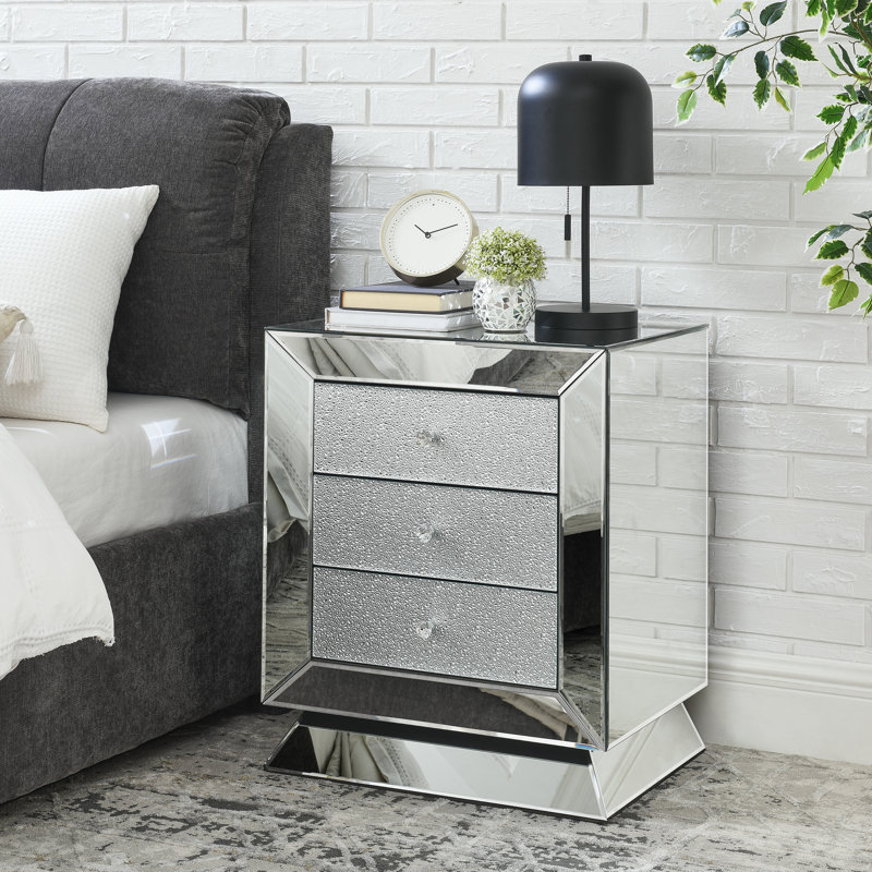 Armoire chic à trois tiroirs avec décoration en verre diamant étincelant - et verre, finition argentée, pour chambre à coucher, salon, miroir de luxe couloir pour bureau 22 po x 16,5 po x 26,4 po et poignées en cristal