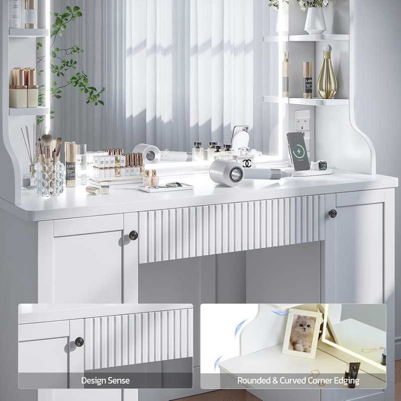 Coiffeuse avec miroir et tiroirs à luminosité réglable, Blanc / blanc