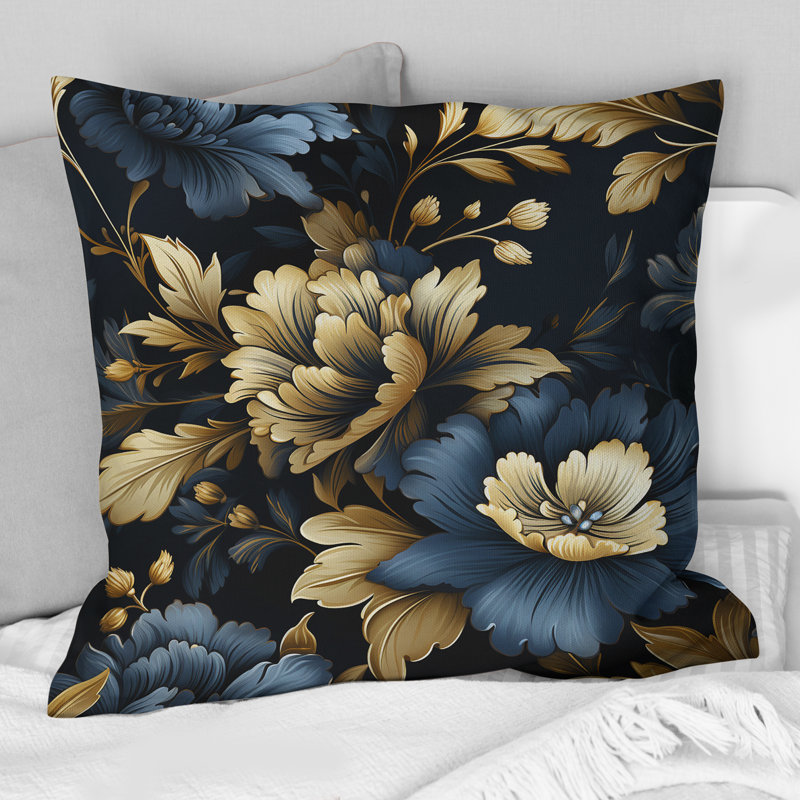Dark Blue And Golden Gilded Damask Glamour V - Damask Polyester Throw Pillow, 16"H x 16"W