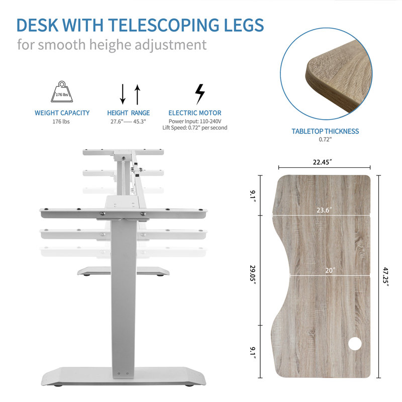 Adjustable Curved Metal Base Standing Desk, Beige, White