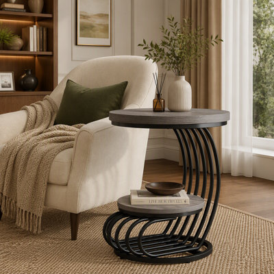 Table de bout ronde moderne avec rangement à deux niveaux et structure en métal robuste pour le salon