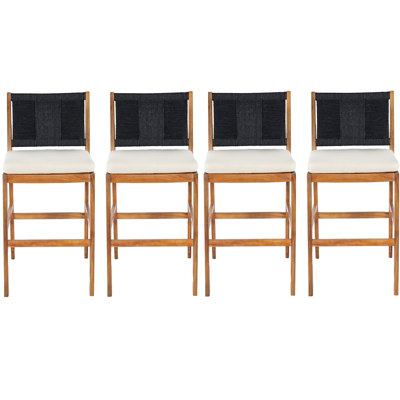 4 pièces Tabouret de bar extérieur noir en bois d'acacia massif et osier tissé Arly