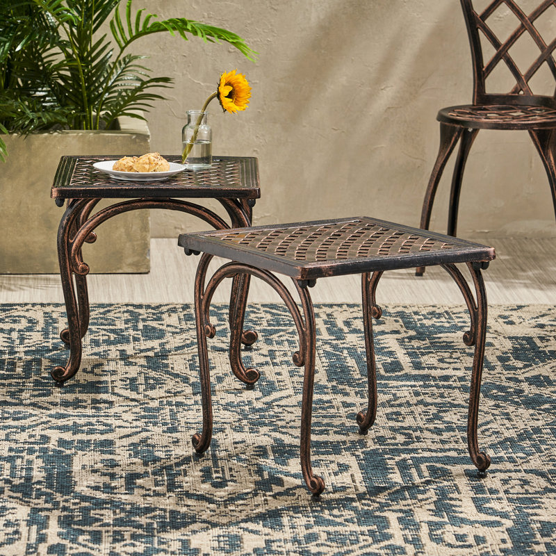 2 pièces Tables de bout en fonte d'aluminium - Kd 18 "H Cuivre vieilli plateau de table avec bordure moulée et tissé pour la table d'appoint extérieure