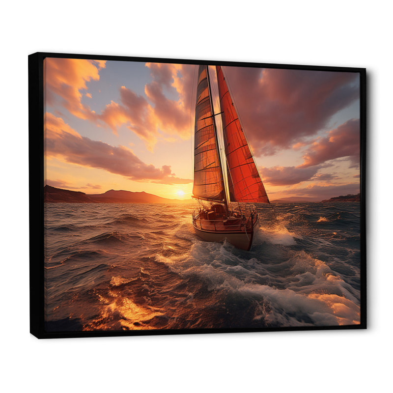 " Spain Sunset Sail II ", 30" H x 40" W, Black Floater Framed