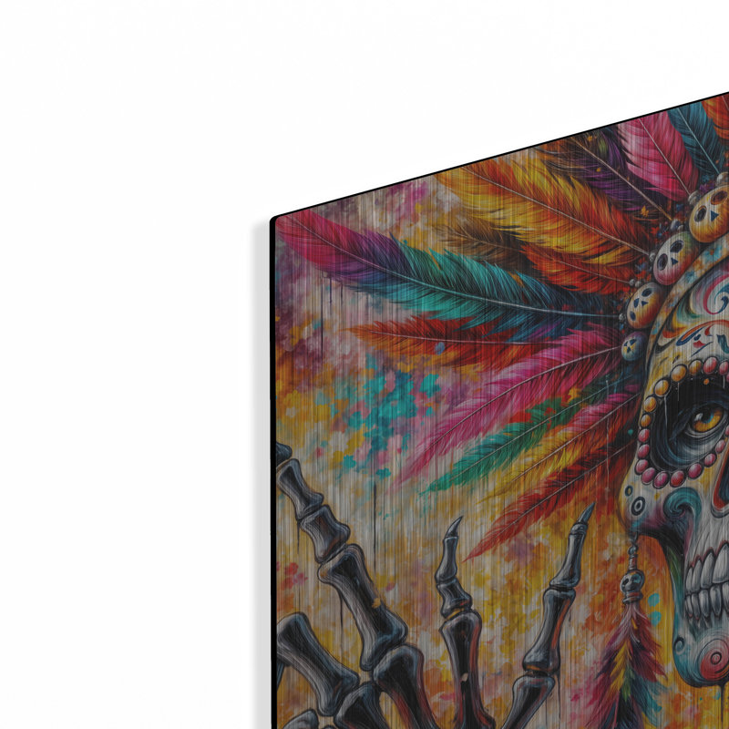 «Colorful Skull With Feathers» par Rey Klimt, art mural en métal, H 12 po x l 12 po