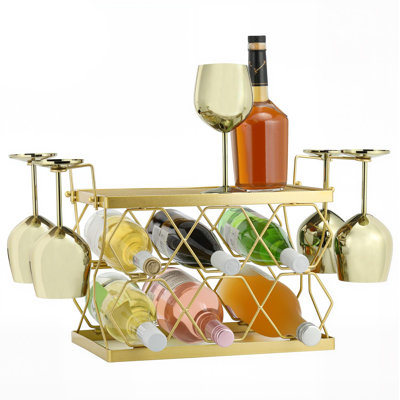 Le porte-bouteilles de vin peut contenir 6 bouteilles surdimensionnées et 4 verres, un porte-bouteilles autoportant en métal pour armoire de cuisine (or champagne)