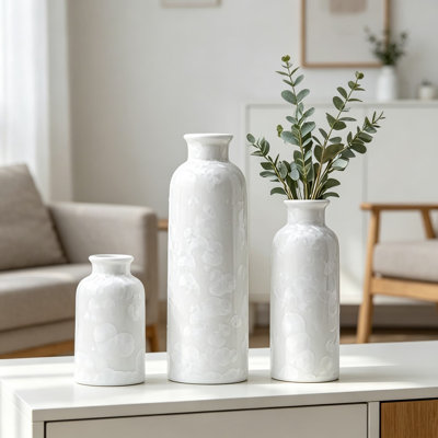 Ceramic Vase Set Of 3, Modern Decorative Bottles With Crystalline Glaze And Floral Embossing For Home Decor, Farmhouse Rustic Or Contemporary Style