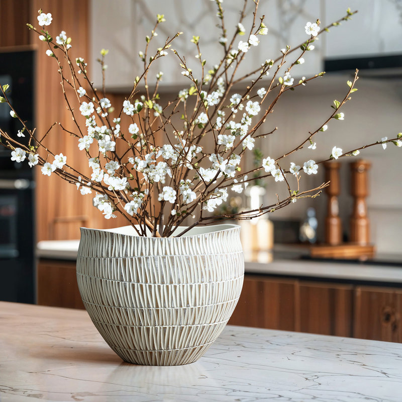 12'' W White and Gold V-Pattern Polyresin Round Planter, 9.6" H x 12" W x 12" D