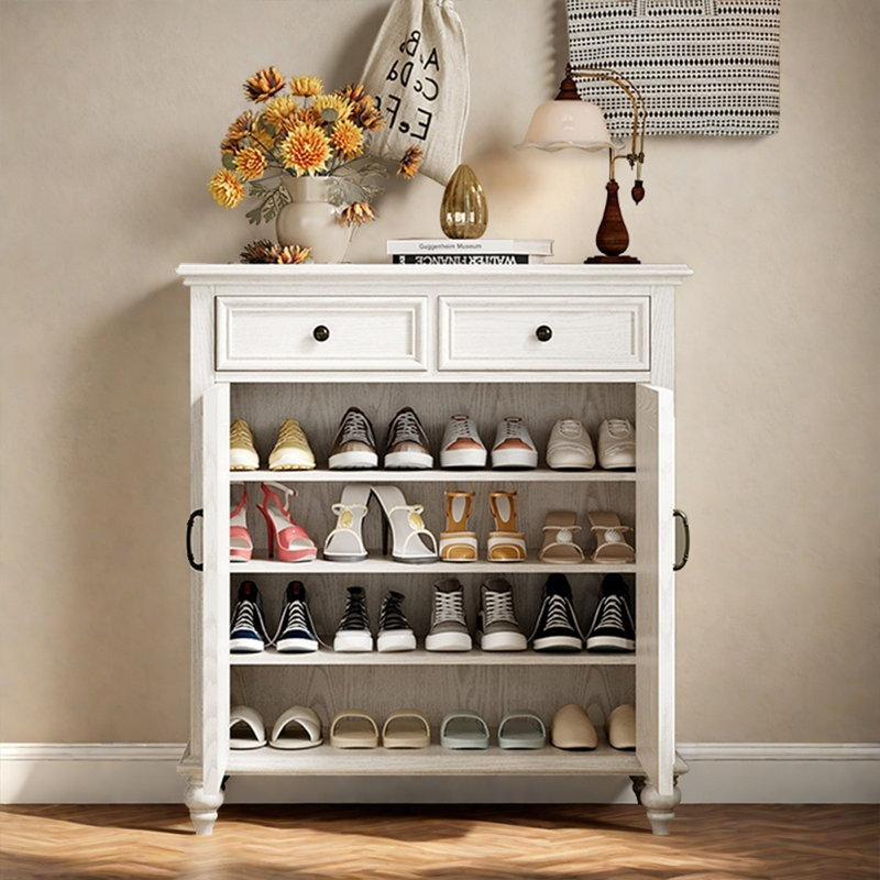 Vintage Solid Wood Shoe Cabinet with White Finish