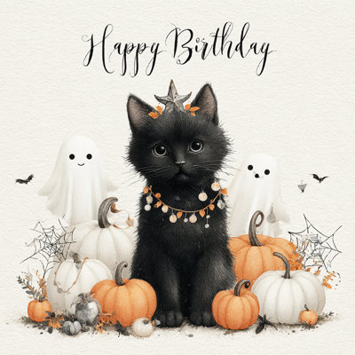 Anniversaire, chaton avec fantômes et citrouilles, art mural sur toile