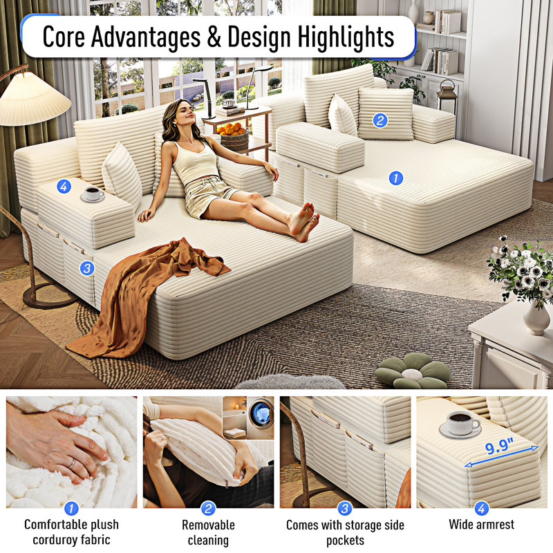 Canapé-lit convertible avec méridienne avec poches de rangement et coussins, Velours côtelé beige et blanc