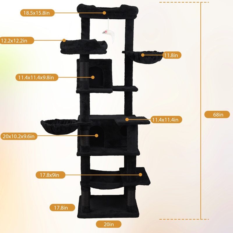 Grand arbre à chat autoportant noir de 68 pouces avec zone de jeu à 6 niveaux pour chats multicolores, coussins de luxe amovibles lavables, poteaux à griffes enveloppés et zones de sieste