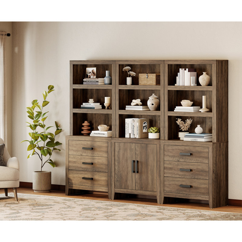 74" Tall Bookshelf With Doors And Drawers, Wooden Bookshelf With Open Storage Shelf, Farmhouse Bookcase For Living Room, Home Office,Library, Brown