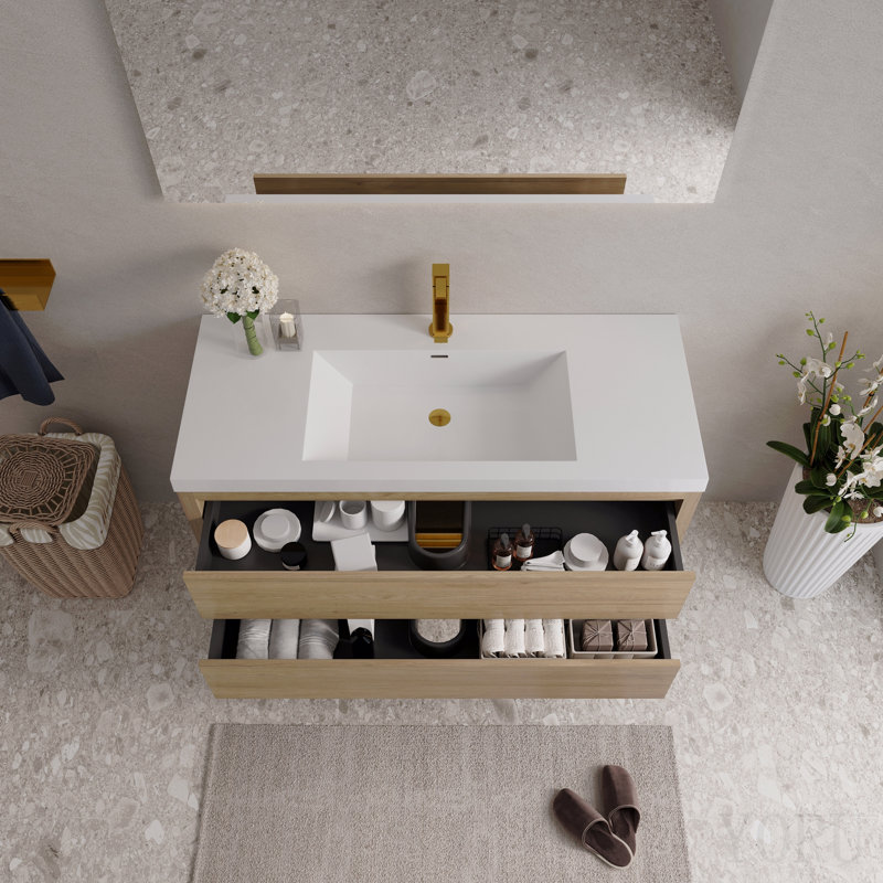 Meuble-lavabo mural 48 po avec lavabo, meuble de rangement flottant avec comptoir en résine de pierre et tiroirs à fermeture en douceur, chêne naturel entièrement assemblé