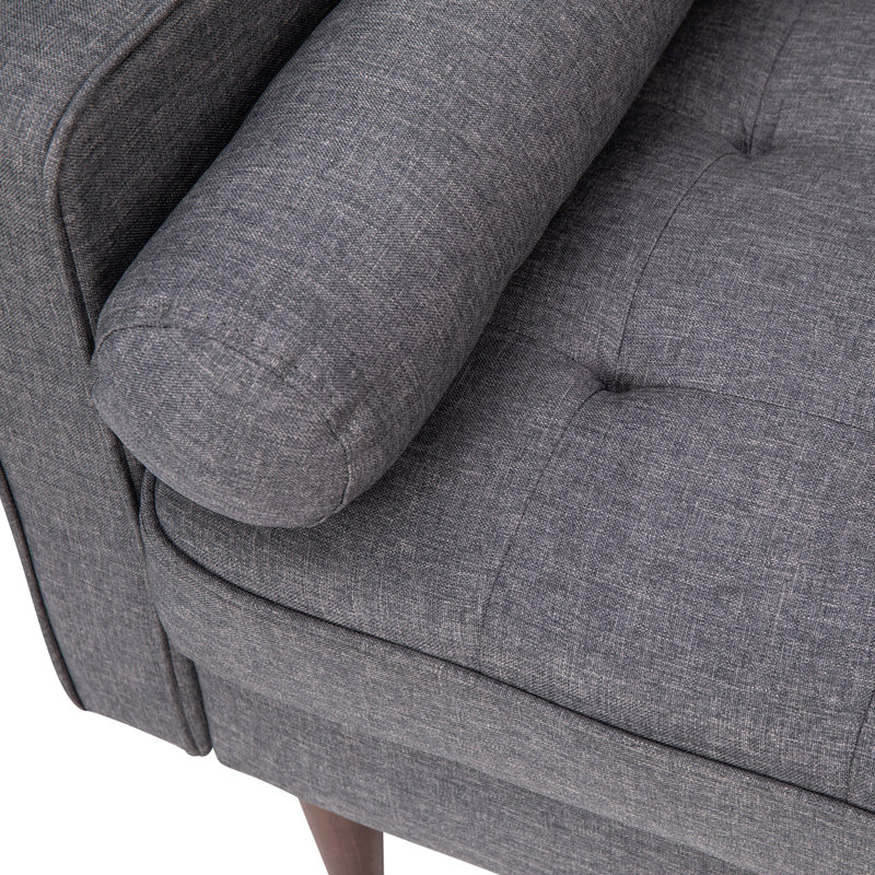 Mid-Century Modern Sofa with Tufted Upholstery & Solid Wood Legs, Dark Gray Faux Linen