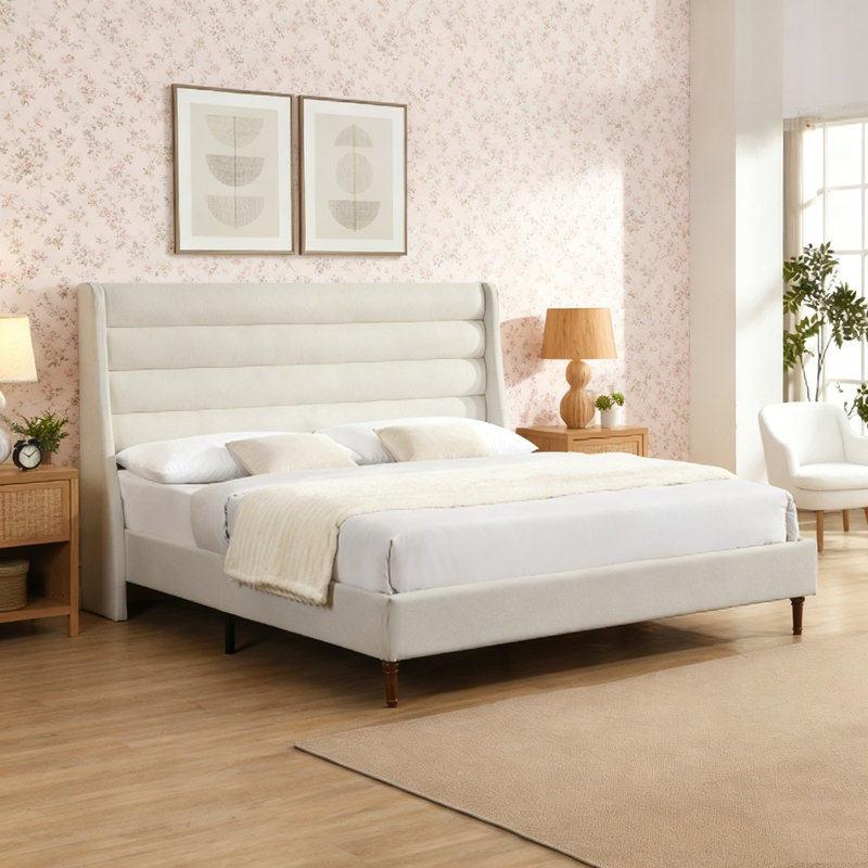 Lit plateforme en tissu d'ameublement avec tête de lit Chenille, Grand lit