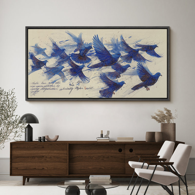 Animaux, vol élégant, oiseaux bleus vibrants, H 30 po x l 60 po, Noir, noir, noir, noir
