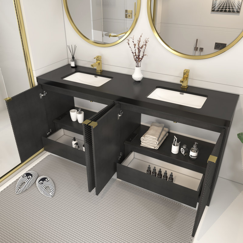 Ensemble de meuble-lavabo autoportant 70,8 po Monterey + double lavabo en acrylique noir renforcé, Noir