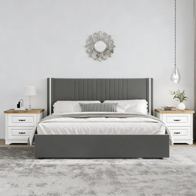 Velvet Platform Bed Frame with Wooden Slats and Rustic  Nightstand Set with Two Drawers