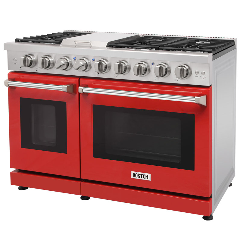 KOSTCH 48" Gas Range with 6 Burners & 1 Griddle Cooktop, Double 4.6 & 2.2 cu. ft. Oven, Red