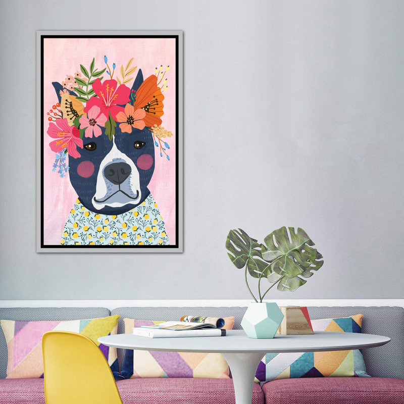 Chiot bleu, H 60 po x l 40po x P 1,5 po, Toile avec cadre argenté