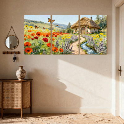 Assortiment de bouquets de fleurs colorées et de papillons dans un chalet, paysage de printemps, scène de nature, ensemble de 3 impressions sur toile
