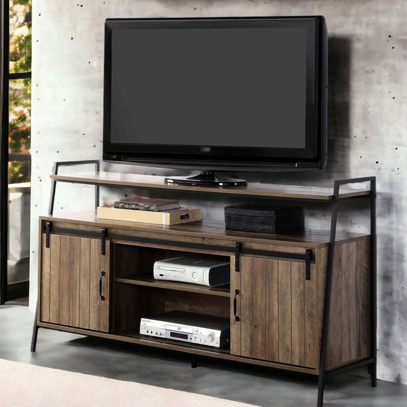 60-Inch Tv Stand With Rustic Oak And Black Metal Frame, Sliding Barn Door Storage, 6 Storage Sections, 1 Open Compartment, For 50 - 59 Inch Tvs In Living Spaces Of Metal, Spaces, Placement Areas