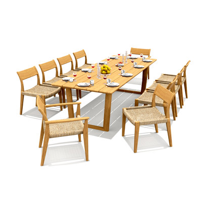 8 Seats 9 Pcs Grade-A Teak Wood Dining Set: 84" Amilo Rectangle Table And 8 Amilo Stacking Chairs (2 Arm & 6 Armless Chairs) #11AM3002
