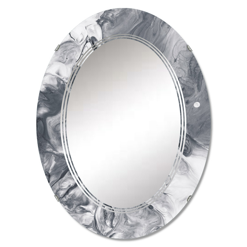 White Grey Liquid Marble Waves Wall Mirror, Modern Oval - White And Grey Liquid Marble Waves, 36" x 24"