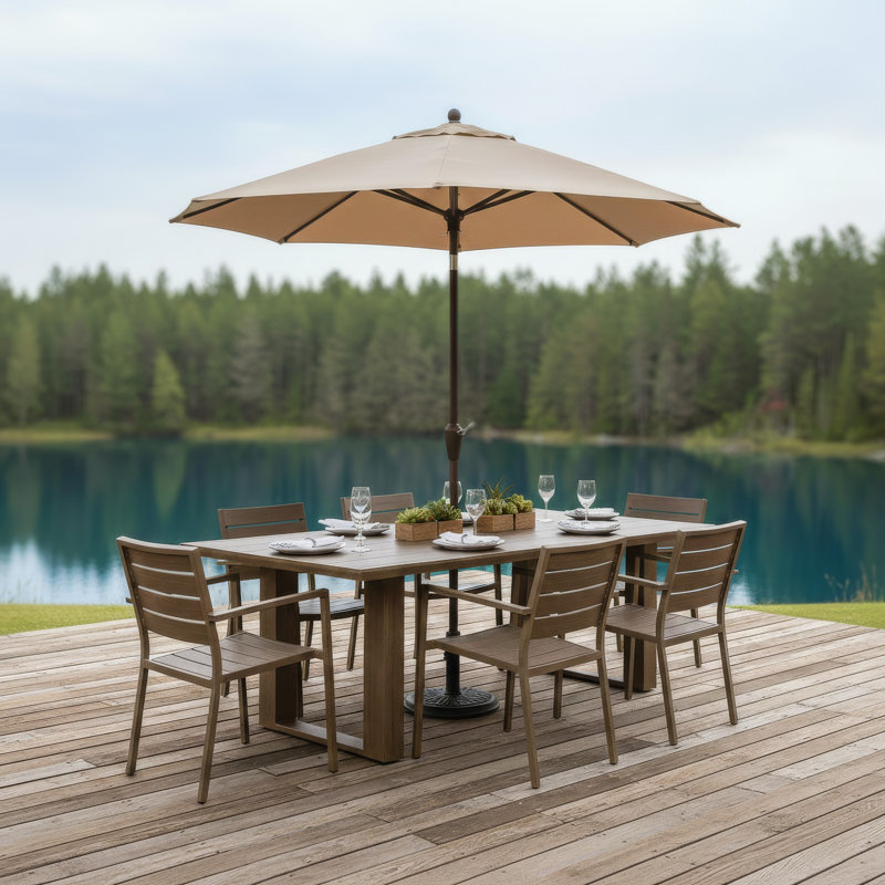 Table de salle à manger d'extérieur avec trou de parasol en métal brun 84 po Berry, H 29,02 po x L 83,98 po x l 41,93 po