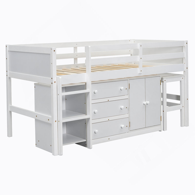 Low Loft Bed With Pull-Out Deskdrawerscabinetand Shelves, White