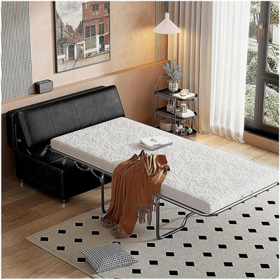Twin Size Folding Ottoman Sleeper Bed with Mattress Convertible Guest Bed  Black