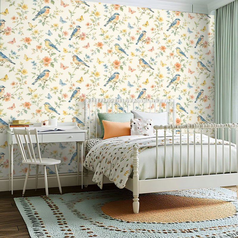 Rouleau de papier peint adhésif décoratif auto-adhésif Vintage Nature Birds Butterflies, 17,5 po x 118 po, Couleur 4