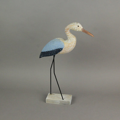 Coastal blue and white Albesia wood and metal egret statue with steel legs, 18.75 inches high