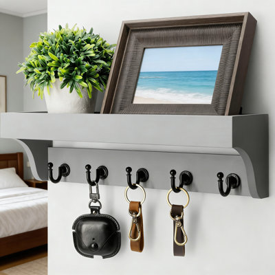 Farmhouse Key Holder For Wall - Decorative Wooden Mail Organizer With 5 Rustic Key Hooks