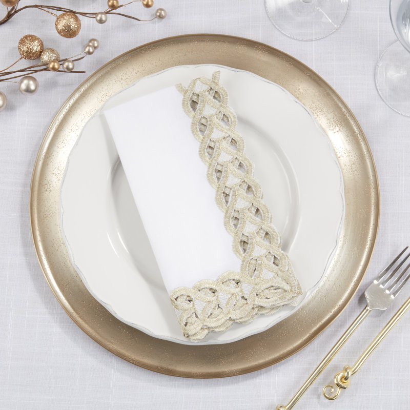 White and Gold Braided Border Square Napkin Set of 4