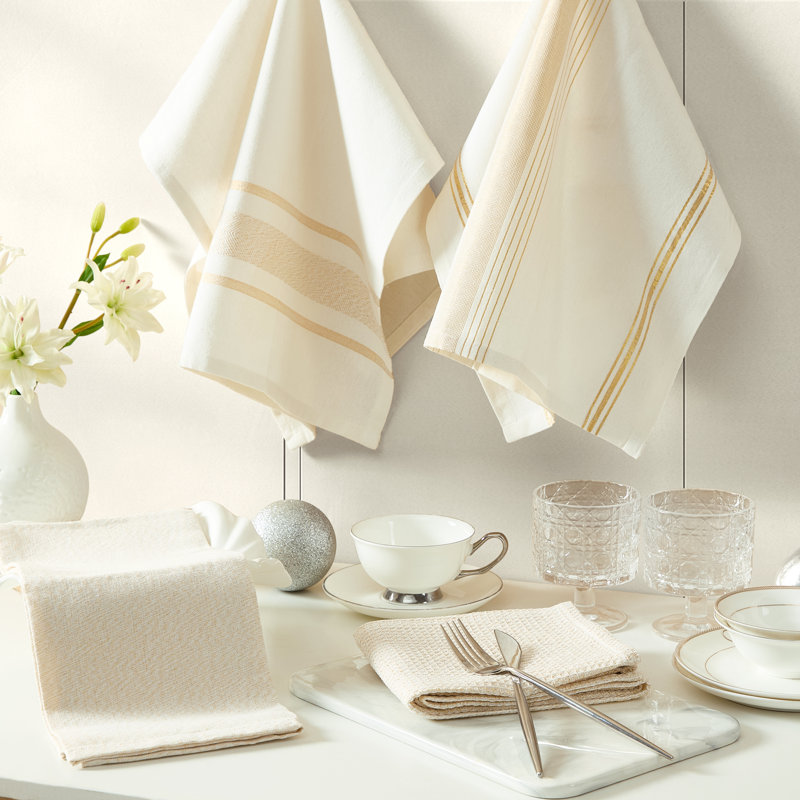 Solace Cotton Kitchen Towels Pack of 4 Absorbent Dish Cloths Tea Towels, Chambray, Ivory/Gold