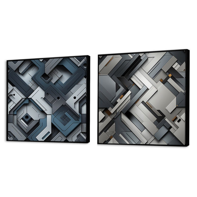 Coudrey - Ensemble de 2 collages carrés à formes abstraites, Cadre flottant noir, H 30 po x l 61 po