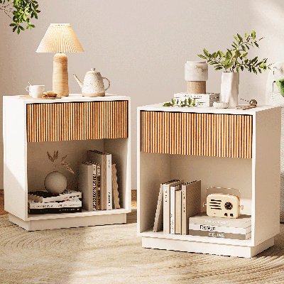 Fluted Nightstands Set Of 2, Modern Mid - Century  Bedside Table With Drawer & Open Storage Shelf, End Table For Bedroom, Living Room, Office, Sofa Side Couch  (White+Oak)