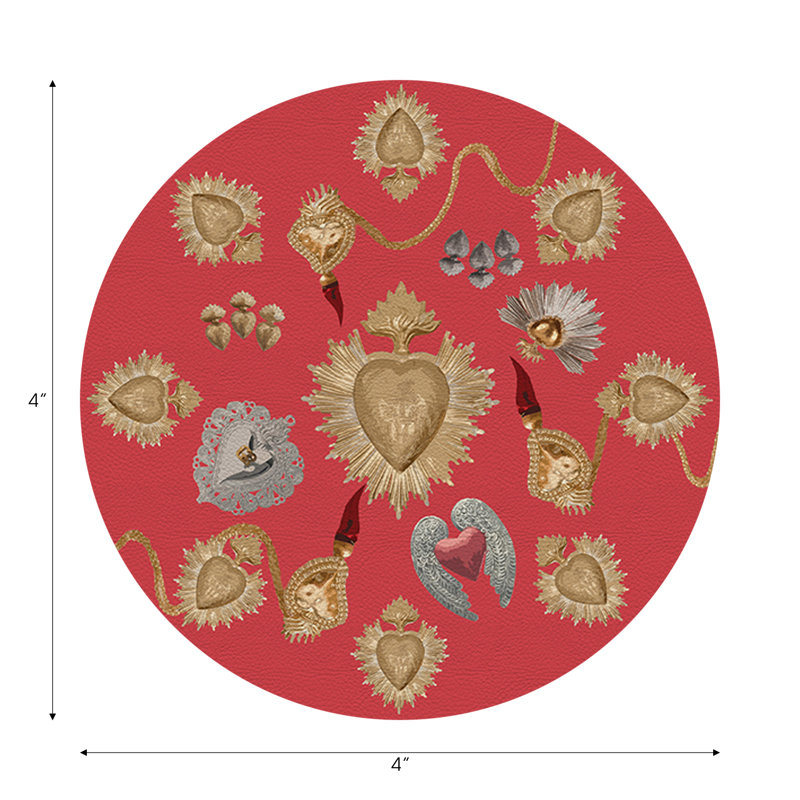 Ex Vote Sacred Hearts Evergreen Vegan Leather Round Coasters, Crimson