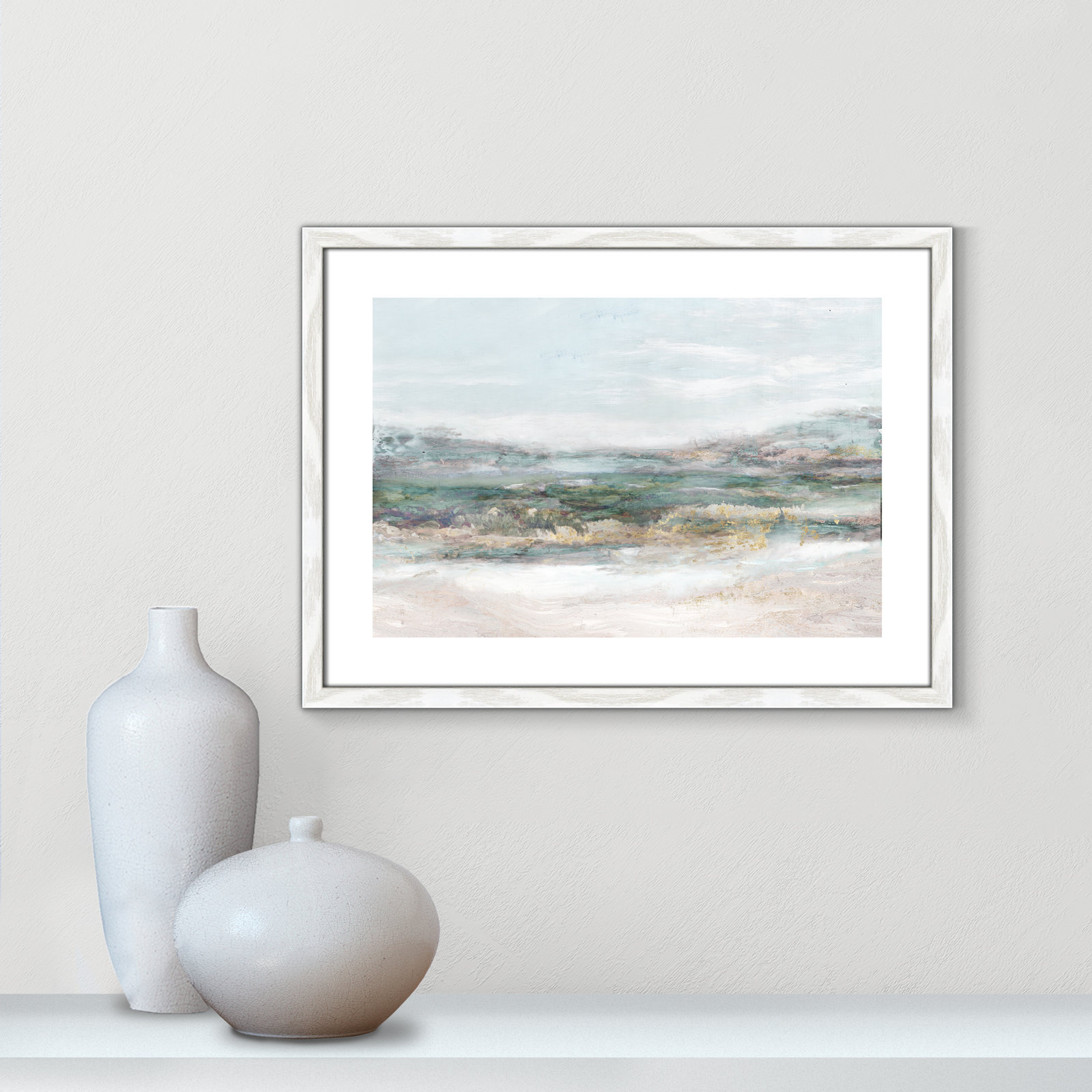 Lori "Dazzling" Painting by Matina Theodosiou, 17" H x 23" W x 0.75" D, White Wood Grain Framed Paper, White
