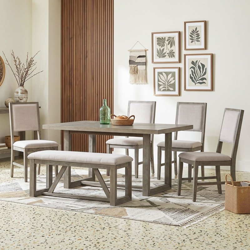 Ensemble de table de salle à manger 6 pièces pour 6 personnes avec table à tréteaux, 4 chaises rembourrées et banc pour la cuisine