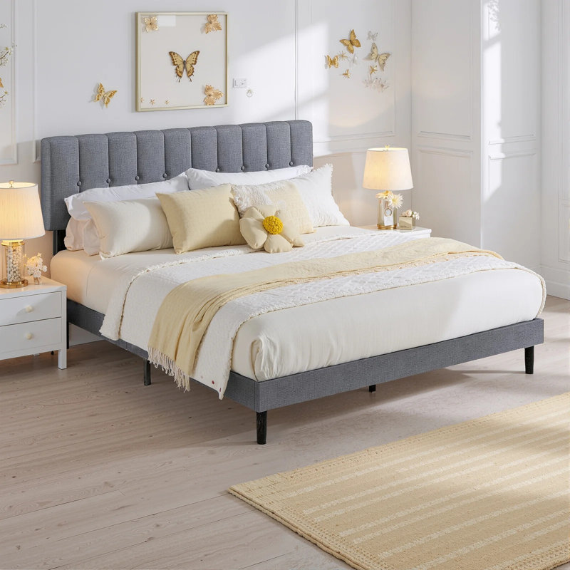 Lit plateforme avec tête de lit tapissier réglable, aucun sommier nécessaire, Lit double, Gris clair