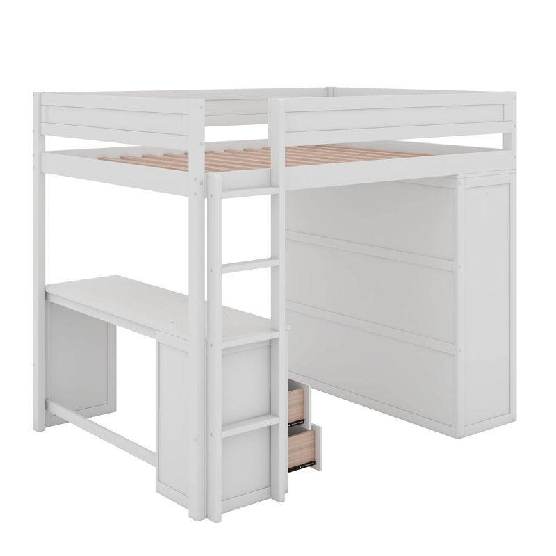 Lit mezzanine double avec placards et bureau, Blanc