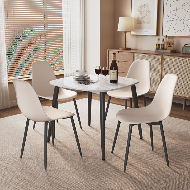 Aspen Gloss White Sintered Stone Square Table with 4 Plastic Curve Chairs - Modern Dining Set, Calico