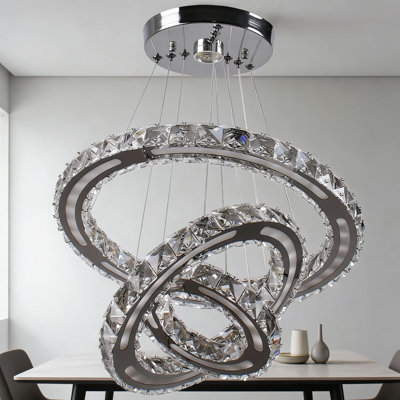 Lustre moderne en cristal avec 3 anneaux réglables, luminaire suspendu à DEL à intensité variable pour la cuisine, la salle à manger, le salon et la chambre à coucher