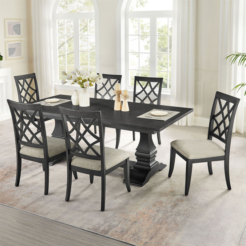 (1 table + 6 chaises) Ensemble de table de salle à manger extensible en bois de 102,07 pouces pour 6 personnes, table de salle à manger courbée, grande table de cuisine moderne et chaises de salle à manger rembourrées