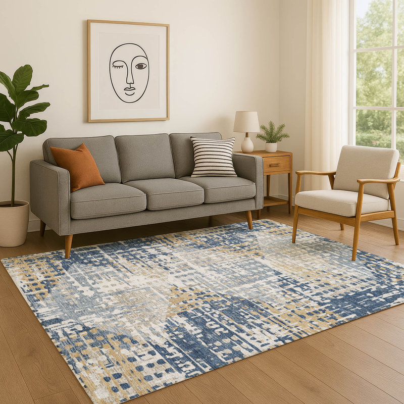 Premium Machine Washable Mayfield AMF2116 Geometric Rug, Navy, 10' x 14'